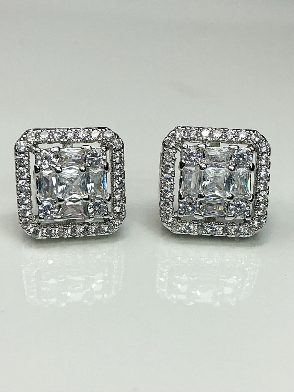 Square Halo Stud Earrings Silver Tone Clear Stone Sparkly Baguette Studs